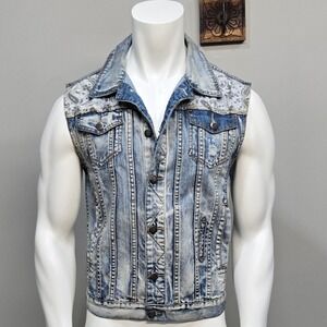 Mens Denim Jean Vest Medium Paisley Patchwork Distressed Retro 80s Glam Rock